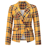 Autumn Women Checked Blazer Casual Fashion Button Cropped Long Sleeve Jacket Elegant Chic Blue Female Office Suit