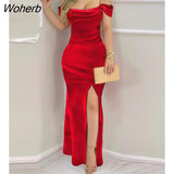 Women Off Shoulder Velvet Ruffles Bodycon Dress 2022 Femme Elegant Long Sleeve Party Maxi Robe Lady Evening Clothing traf-Outfit