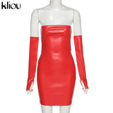 Kliou Faux PU Leather With Gloves Party Dress Women Backless Sexy Hot Clubwear Skinny Slim Solid Fashion Bodycon Mini