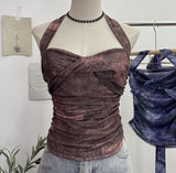 Shot Tie-Dye-Dyed Denim Print Folding Mesh Sling Sling Sling Neck With Bow Striped Backwear