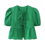 New Bubble Cuff Lace-Up Solid Color Short Blouse 1213835-Outfit