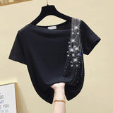 Short Sleeve Tee Tops Casual Women Clothing Spring Summer New Irregular Diamonds Tops Black Blouse Femme Blusas