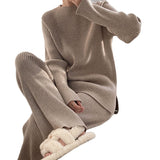 Woherb Color Sweater Open Fork Wide Leg Pants Two Sets Of Fashion Lazy Wind Knit Sweater Woman-Outfit