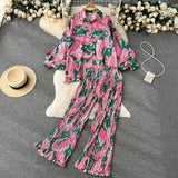 Style Two-Piece Suit Women's Autumn French Retro Print Loose Long-Sleeved Skirt High-Waist Straight Casual Trousers-Outfit