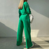 Casual Solid Tracksuit Loose Long Sleeve Pullover Sweatshirt And Elastic Wide Leg Pant Two Pieces Set Fashion Female