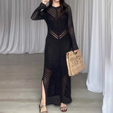Woherb Women's Fall Round Collar Knit Hollow-Out Dress High Waist Tight Wrap Hip Dress-Outfit