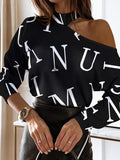 Women Elegant Fashion Long Sleeve Blouses Tops Could Shoulder Letter Casual