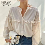 Spring White Tops Long Sleeve Woman Shirt O-neck Loose Blusas Korean Style Chic Shirt Ruffle Single Breasted