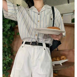 Elegant Women Blouses Women's Summer Tops 2023Striped Cuban Neck Short Sleeved Shirt for Women's Summer French Casual Shirt-Outfit