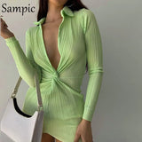 Dresses For Women 2021 Long Sleeve Dreep V Neck Striped Green Sexy Club Dress Bodycon Mini Wrap Ladies Dresses