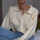 Solid Women's Sweaters Long Sleeves Casual Streetwear Vintage Knitwear Elegant Korean Turn-down Neck Cloth