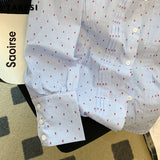 Casual Style Stand Collar Long Sleeve Polka Dot Blouses Top 2023 Summer Women High Street Single Breasted Loose Shirts-Outfit