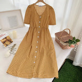Plaid Dresses Summer Women Korean Japan Preppy Style Clothes V Neck Pink Red Party Floral Print Vintage Shirt Dress