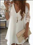 Sexy V Neck Spaghetti Straps Hollow Out Women's Dress 2021 Fashion Solid Lace Pachwork Loose Ladies Mini Dress Plue
