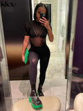 Kliou Mesh Patchwork Jumpsuits Women Fashion Skinny Short Sleeve Zipper Elastic Cleavage Rompers Streetwear Female