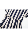 Women Chic Stripe Printed Hollow Out Robe Elegant Front Buttons Short Sleeve Ruffles Draped Dresses 2023 Fashion Female Vestidos-Outfit
