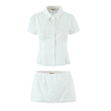 Women's Clothing 2025 Summer Splicing Lace Check-Shirt + Short Skirt Suit Women