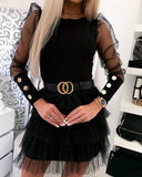New Women Slim Sheer Long Sleeve Bottoming Shirts Buttons Cuff Mesh Sleeve Solid Tops Fashion Female Puff Shoulder O-Neck