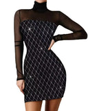 Sexy Black Print High Collar Mesh Long Sleeve Mini