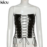 Kliou Hollow Out Bandage Faux Leather PU Tank Top Women 2021 Solid Streetwear Backless Sleeveless Sexy Party Clubwear