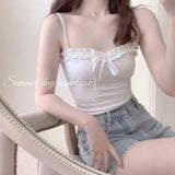 Japanese Crop Top Summer Kawaii Skinny Tanks Camis Blue Bow Tube Bras Y2k Short Solid Sexy Sleeveless Bandage Cropped Women