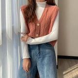 Sweater Vest Fresh Lovely Students Hong Kong Style Retro Outwear Gentle Ulzzang V-neck Single Breasted Leisure Fashion
