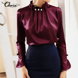 Satin Blouses Women Elegant Long Sleeve Silk Tops Pearl Stand Collar 2022Office Lady Shirts Solid Casual Party