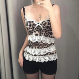 Woherb Desire Hot Girl Sexy Lace Splicing Leopard Print Small Sling Female Bow Knot Slim Outside Wear Vest-Outfit