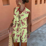 Women Lobster Printed Shorts Set Short Sleeveless Lace Up Shirt and Shorts Two Pieces Sets Summer Chic Lady Street Suit-Outfit