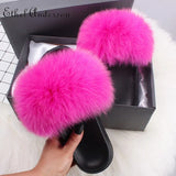 ANERSON Real Fox Raccoon Fur Slippers for Women Fur Slides Flip Flops Beach Plush Fluffy Furry Designer Slippers