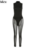 Kliou Solid Concise Two Piece Set Women Skinny Mock Neck Sleeveless Bodysuits+ Mesh See Through Leggings Acctivewear Female