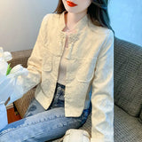 Woherb Texture Short Coat Female Spring And Autumn 2024 New Hot Style National Wind Plate Buckle Long Sleeve Jacket Autumn Women's Wear-Outfit