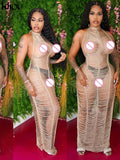 Kliou Mesh Stacked Maxi Dress See Through Sexy Women New Fashion Sleeveless Backless Spaghetti Strap Female Clubwear
