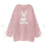Sytle Kawaii Lolita Knitted Pullover Women Cute Cartoon Bear Embroidery Bow Bandage Sweater Female Sweet Chic Bunny Top-Outfit