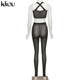 Kliou Sexy Sleeveless Cross Top And Pants Two Piece Set Women Solid Club Outfits Midnight Party Wear See Through Skinny