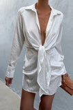 Lace-up Women's Dress Summer V-neck Sexy Dresses Vintage Long Sleeve Turn-down Collar Streetwear Mini Dress Casual 19932-Outfit