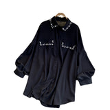Summer New Chiffon Shirt Female Lapel Bubble Sleeves Loose Show Thin Nail Bead Versatile-Outfit