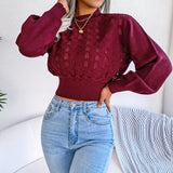 And Winter Street Wind Solid Color Hollow Striped Lantern Sleeve Open Umbilly Knitted Sweater Women's