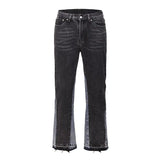 Street Washed Color Match Frayed Micro-flared Jeans Mens Straight Spliced Retro Loose Casual Denim Pants Hip Hop