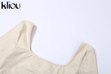 Kliou Biker Style Shorts Two Piece Set Women Autumn Harajuku Simple Square Collar Top+Solid Streak Decoration Sheath