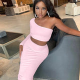 2020 One-Shoulder Crop Top High Waist Skirt 2 Piece Set Autumn Winter Women Fashion Streetwear Outfits