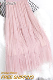 Women Beaded Petal Mid-length Ruffles Mesh Pleated Skirts Elegant High-waisted Fairy A-line Long Tulle Skirts QT1682-Outfit