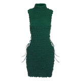 Kliou Stunning Stacked Mini Dress Women Sexy Solid Mock Neck Sleeveless Draw String Bodycon Party Clubwear Elegant Female