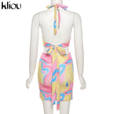 Kliou Tie Dry Two Piece Set Women 2021 Sexy Halter Sequined Beachwear Cleavage Crop Top+Mini Skirt Suit Female платье