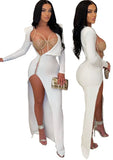 Sexy Lace See Through Straps Bodysuit and Long Sleeve Beaded Slit Long Dress 2 Piece