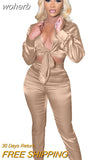 Satin Solid 2 Piece Set Fall Clothes Women Outfits Sexy Lace Up V Neck Crop Top Pants Skinny Club Party Tracksuit Women-Outfit