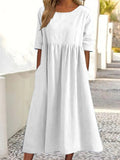Cotton-Sleeved Short-Sleeved Pocket Folded Loose Round-Neck Dress In Summer