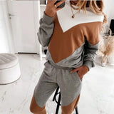 Women Stripe Fleece Two Piece Set 2021 Patchwork Loose Suit Pullover O-neck Sweatshirt And Elastic Waist Pants