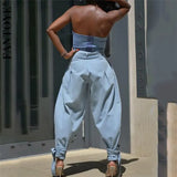 Casual Wide Leg Bandage Jeans Autumn Fashion High Waist Loose Trousers Light Blue Plus Size Pants Streetwear Hot 928-1-Outfit