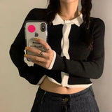 Women Turn Down Collar Crop Top Patchwork Slender All-match Fashion Vintage Korean Style Girls Sexy Sweaters